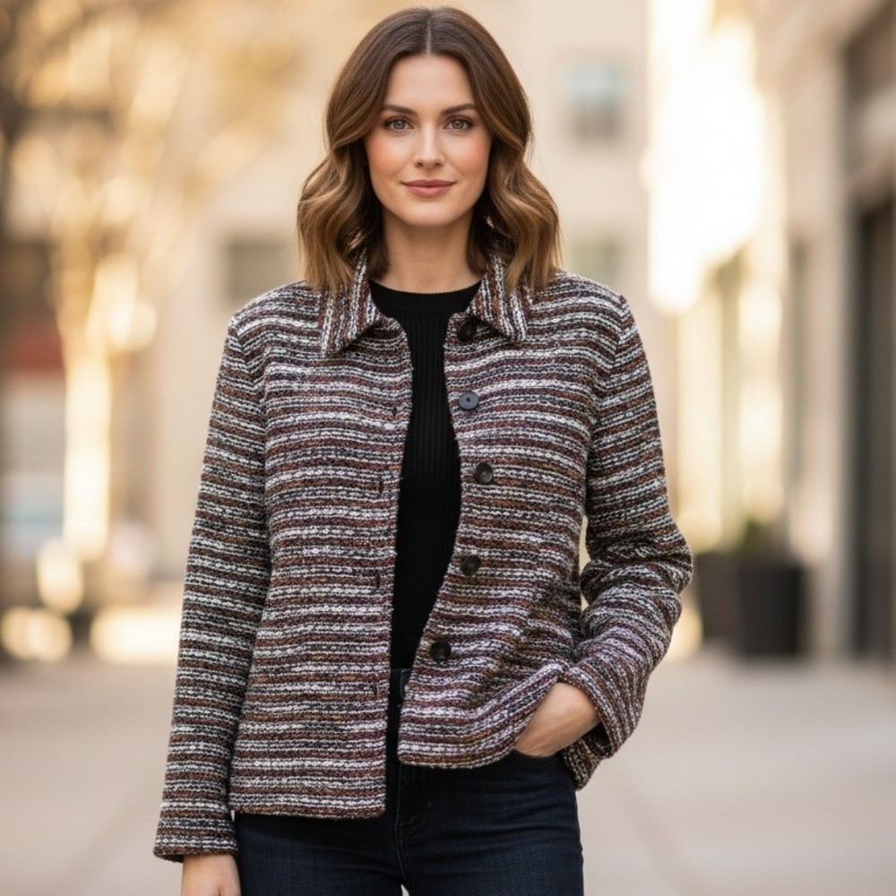 Sara Studio Tweed Blazer Jacket Women's Button Front Boho Old‎ Money Large NWT